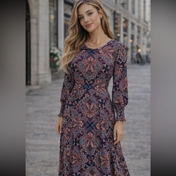 New! Boden Blue Botanic Paisley Smocked Cuff Midi Dress Size 12R 36068 - Picture 2 of 16